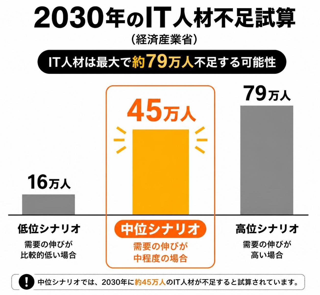 【縦棒作成】2030年のIT人材不足試算（経済産業省）。低位シナリオ:16万人 / 中位シナリオ:45万人 / 高位シナリオ:79万人 中位シナリオを強調