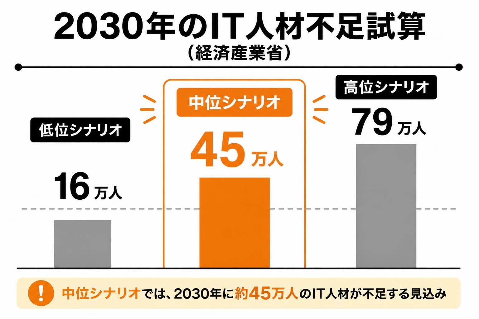 【縦棒作成】2030年のIT人材不足試算(経済産業省)。低位シナリオ:16万人 / 中位シナリオ:45万人 / 高位シナリオ:79万人。中位シナリオを強調