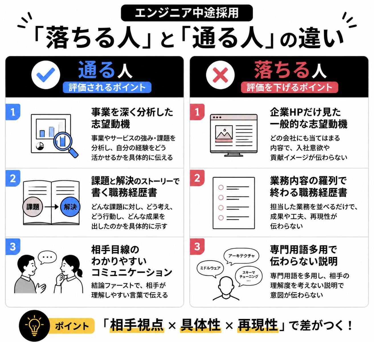 【メリデメ作成】エンジニア中途採用で「落ちる人」と「通る人」の違い。メリット:事業を深く分析した志望動機 / 課題と解決のストーリーで書く職務経歴書 / 相手目線のわかりやすいコミュニケーション // デメリット:企業HPだけ見た一般的な志望動機 / 業務内容の羅列で終わる職務経歴書 / 専門用語多用で伝わらない説明