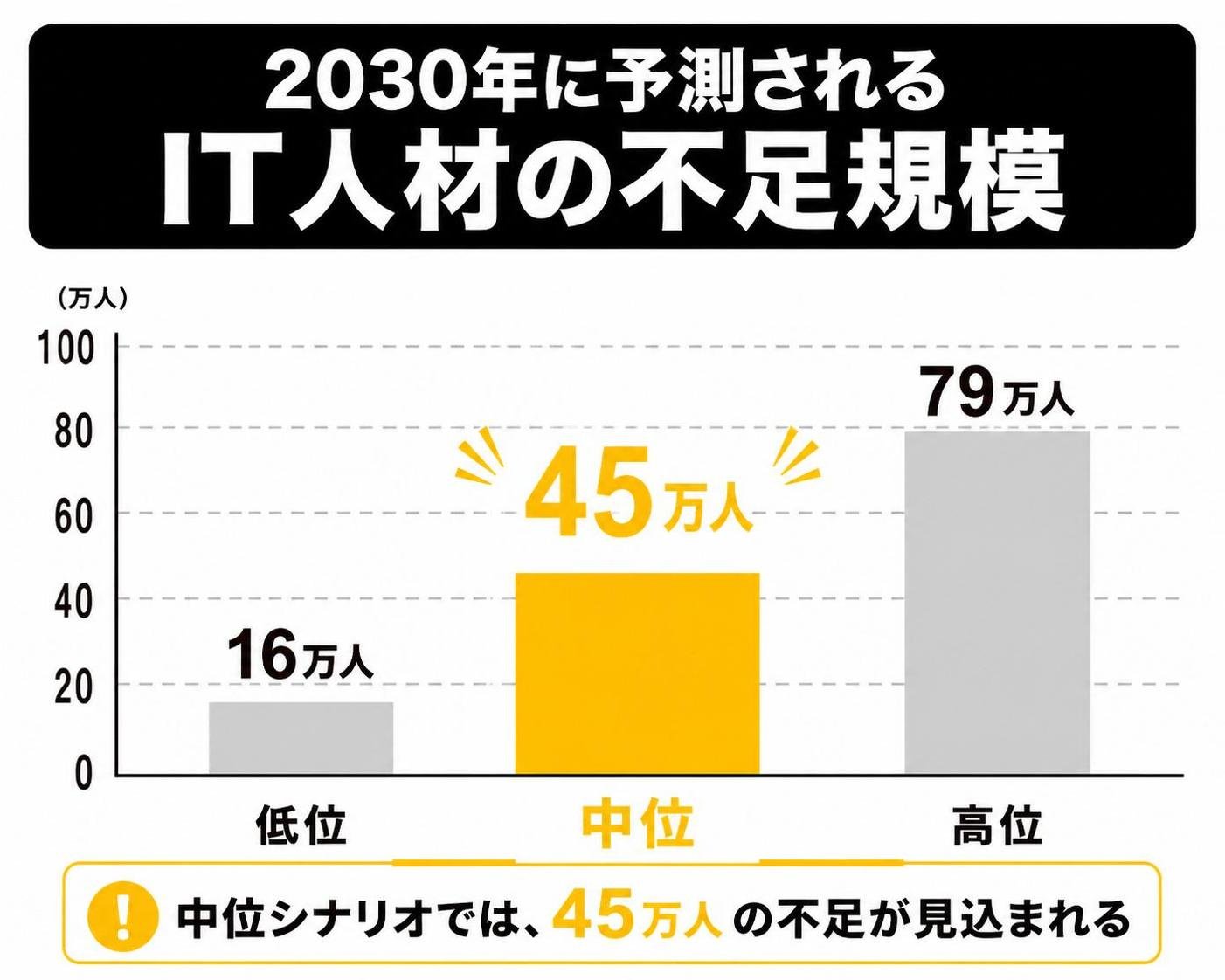 【縦棒作成】2030年に予測されるIT人材の不足規模。低位:16万人 / 中位:45万人 / 高位:79万人。中位を強調