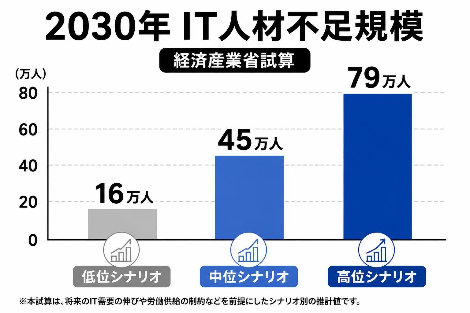 【縦棒作成】2030年IT人材不足規模（経済産業省試算）。低位シナリオ:16万人 / 中位シナリオ:45万人 / 高位シナリオ:79万人