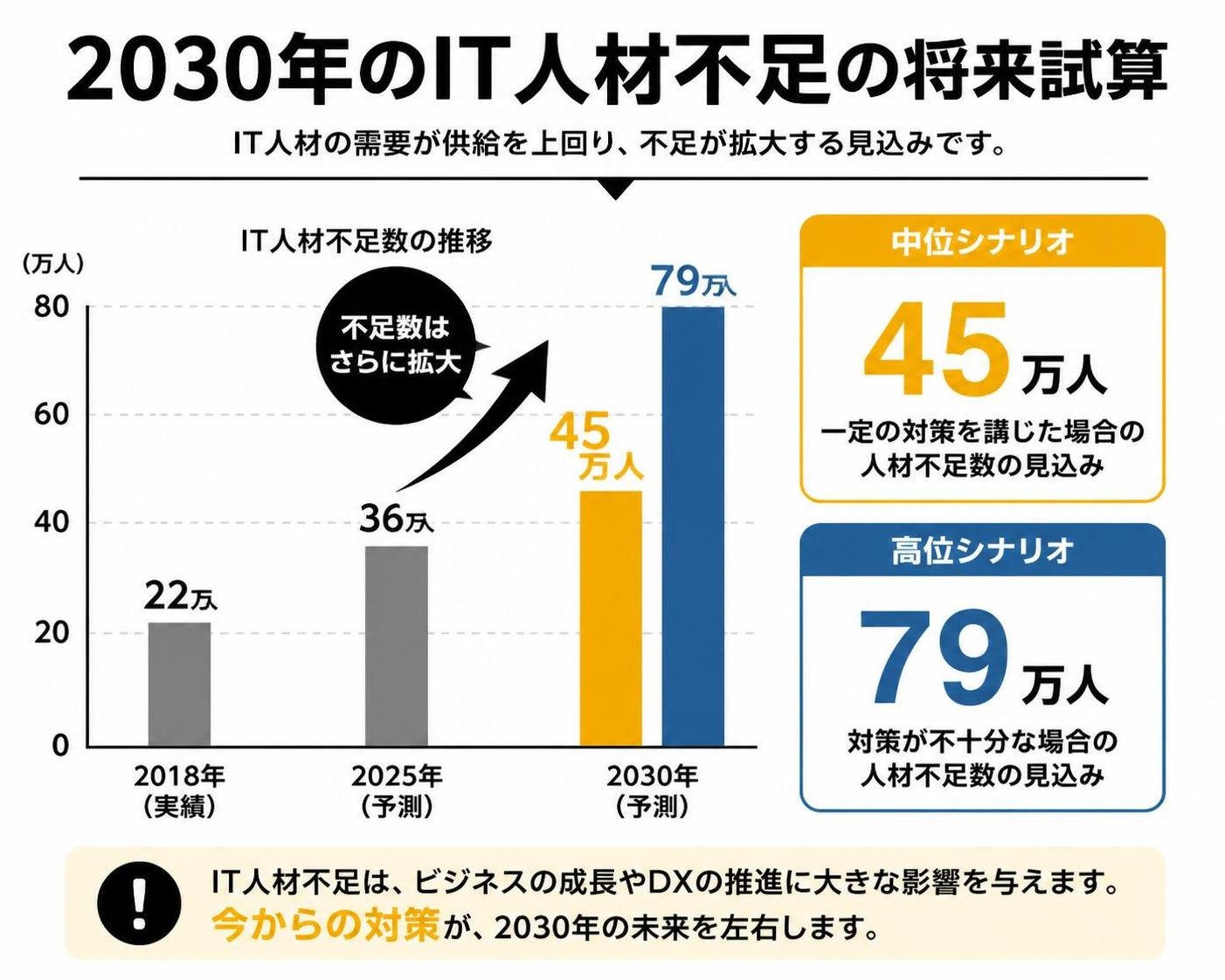 【縦棒作成】2030年のIT人材不足の将来試算。中位シナリオ:45万人 / 高位シナリオ:79万人