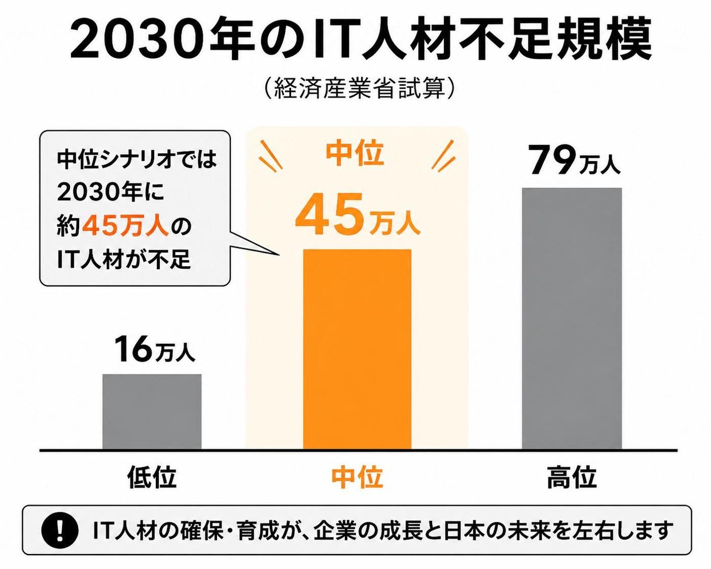 【縦棒作成】2030年のIT人材不足規模(経産省試算)。低位:16万人 / 中位:45万人 / 高位:79万人。中位を強調