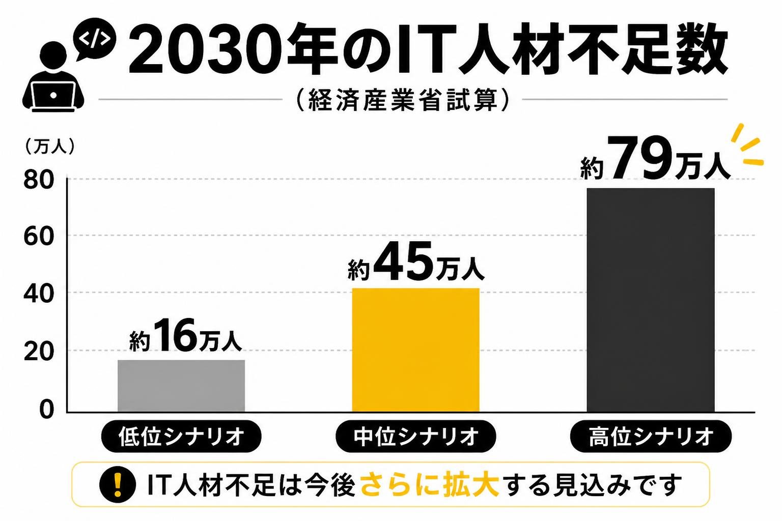 【縦棒作成】2030年のIT人材不足数(経済産業省試算)。低位シナリオ:約16万人 / 中位シナリオ:約45万人 / 高位シナリオ:約79万人