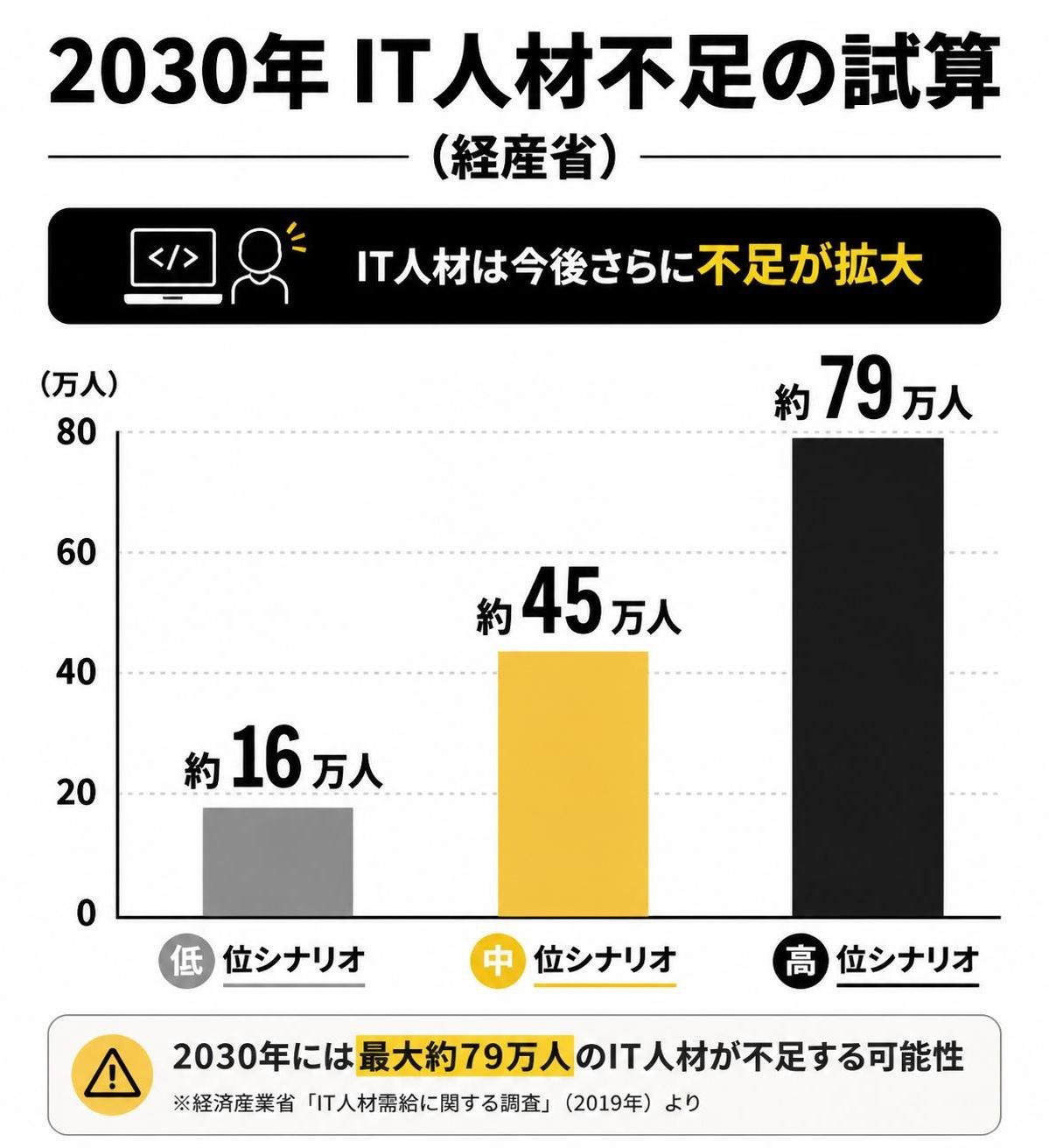 【縦棒作成】2030年IT人材不足の試算（経産省）。低位シナリオ:約16万人 / 中位シナリオ:約45万人 / 高位シナリオ:約79万人