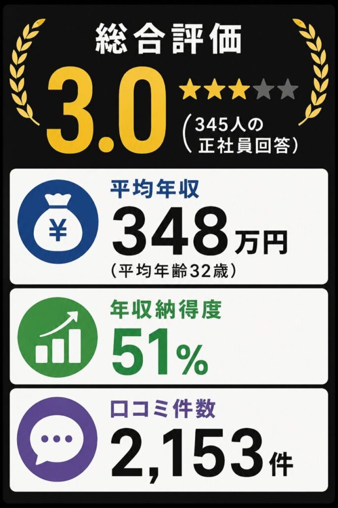 「総合評価:3.0(345人の正社員回答)/平均年収:348万円(平均年齢32歳)/年収納得度:51%/口コミ件数:2,153件」