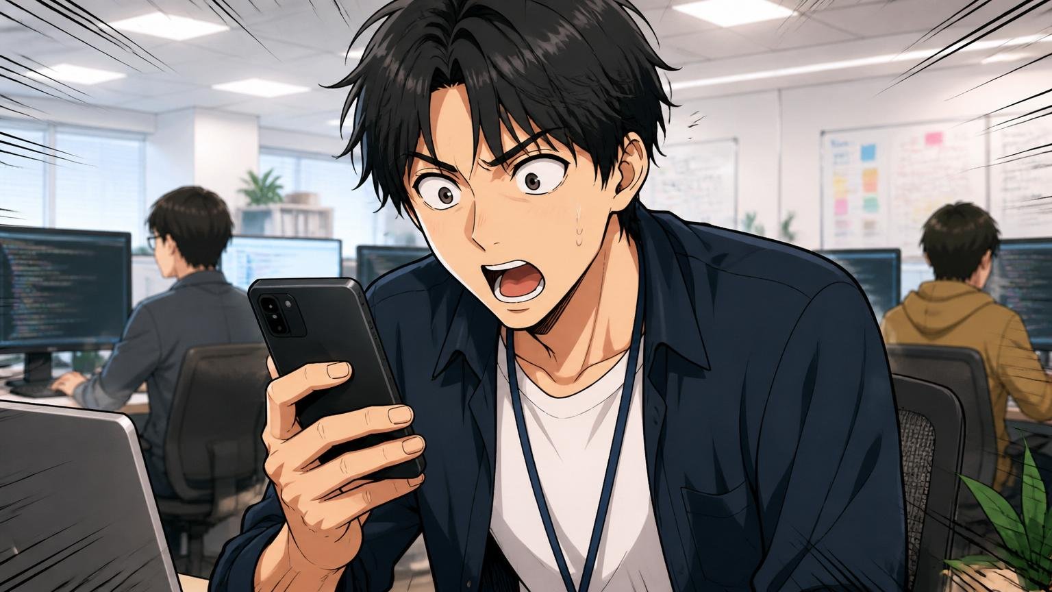 都内のIT系オフィスで20代後半男性エンジニアがスマホ画面を見て驚いている表情