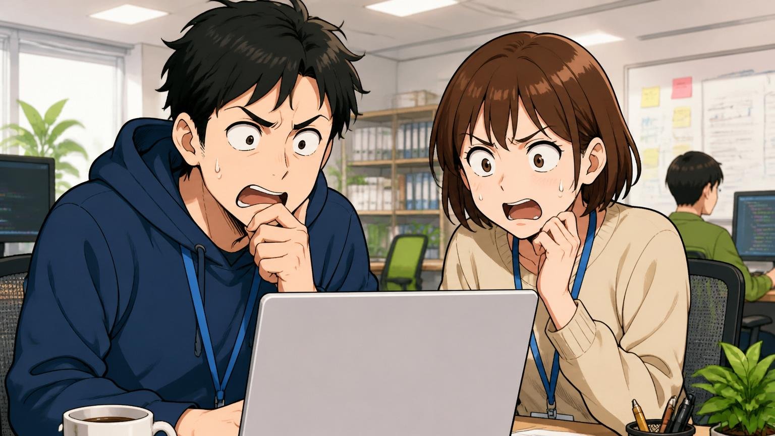 Web系IT企業のオフィスで男女2名のエンジニアがノートPCを見ながら口コミの内容に困惑する表情