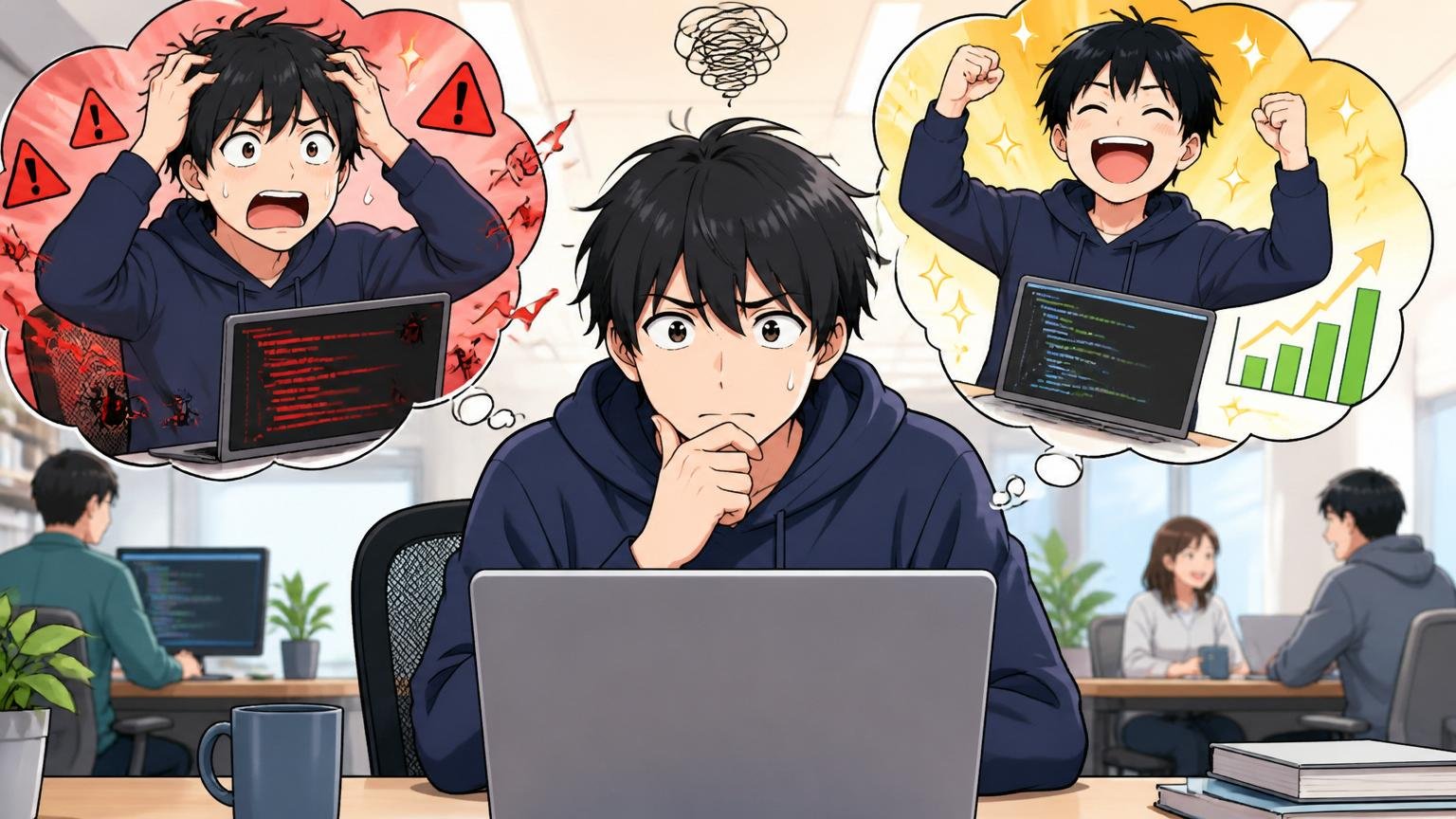 「やばい」の二面性を悩むエンジニア。Web系スタートアップのオフィスで20代男性1人がノートPC前で困惑顔
