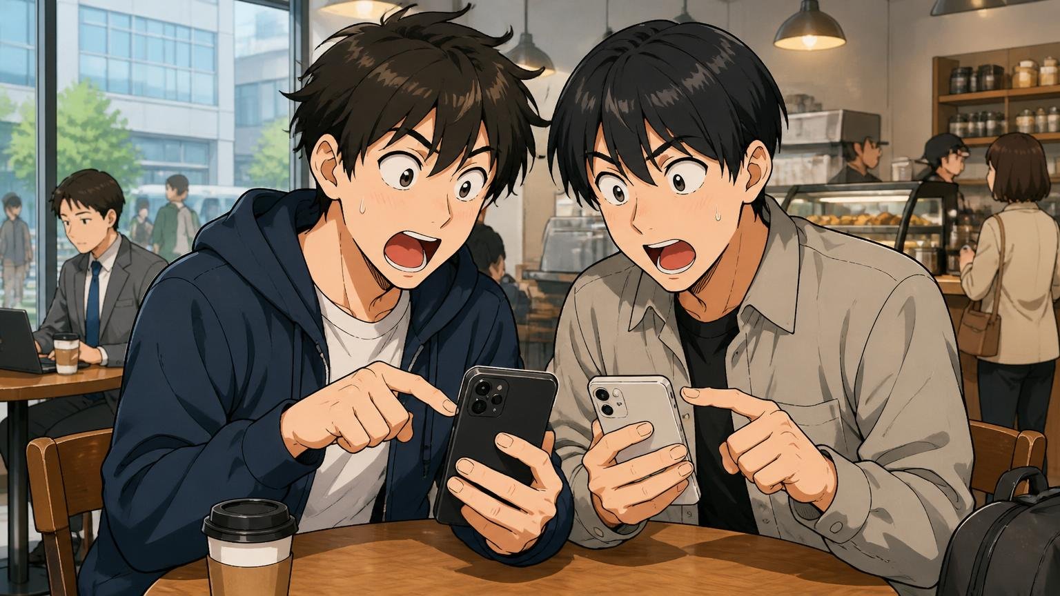 都内の駅前カフェで若手エンジニア2人がスマホ画面を見せ合いながら驚いている様子