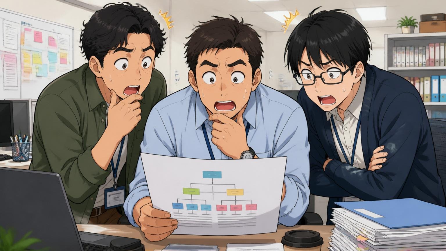 NTTコムウェアからNTTドコモソリューションズへの組織変更を確認するSIerの開発現場で資料を見つめる中堅エンジニア3人