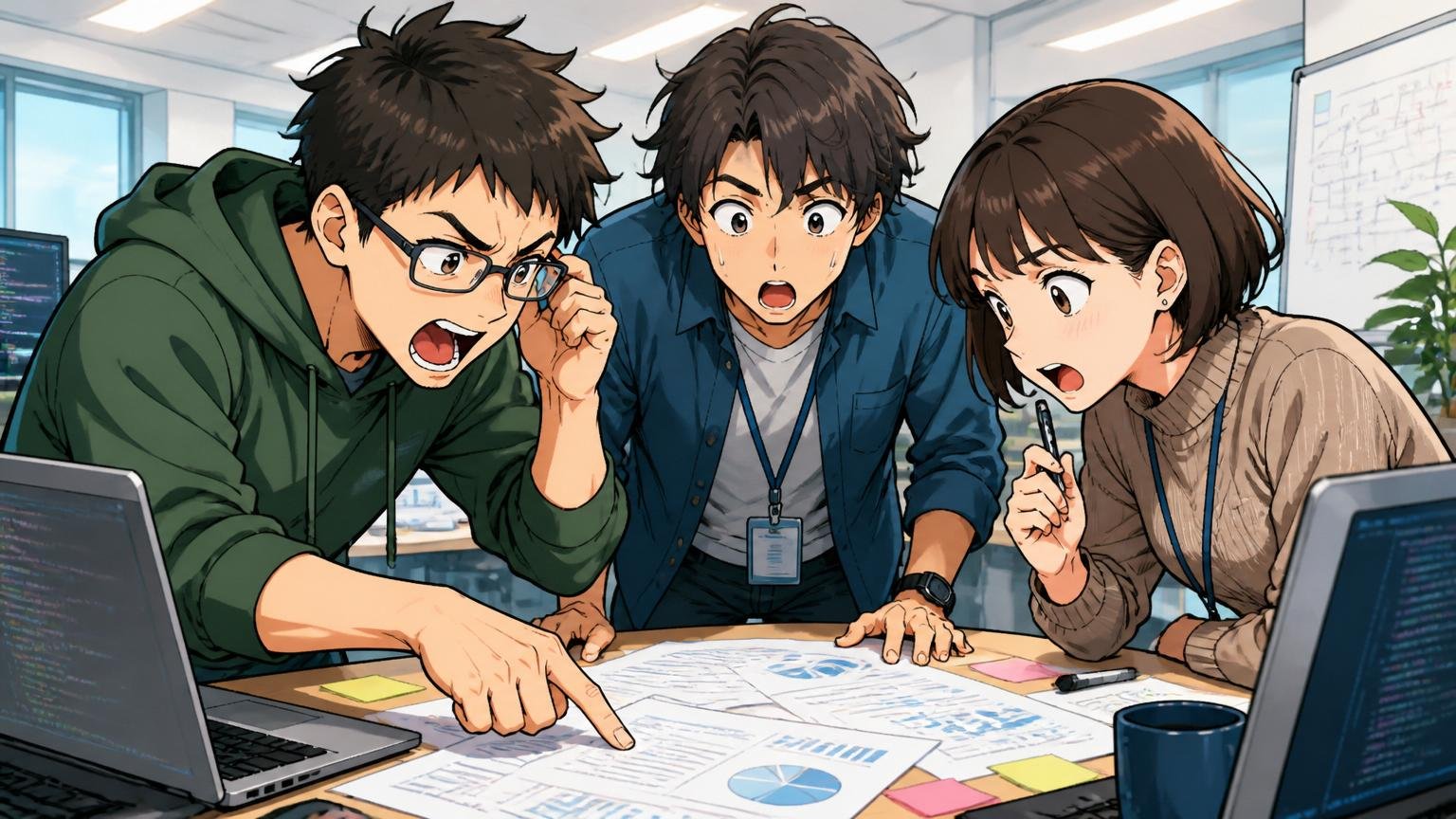 AI企業の本社オフィスで議論する3人のエンジニア・前のめりに資料を覗き込む
