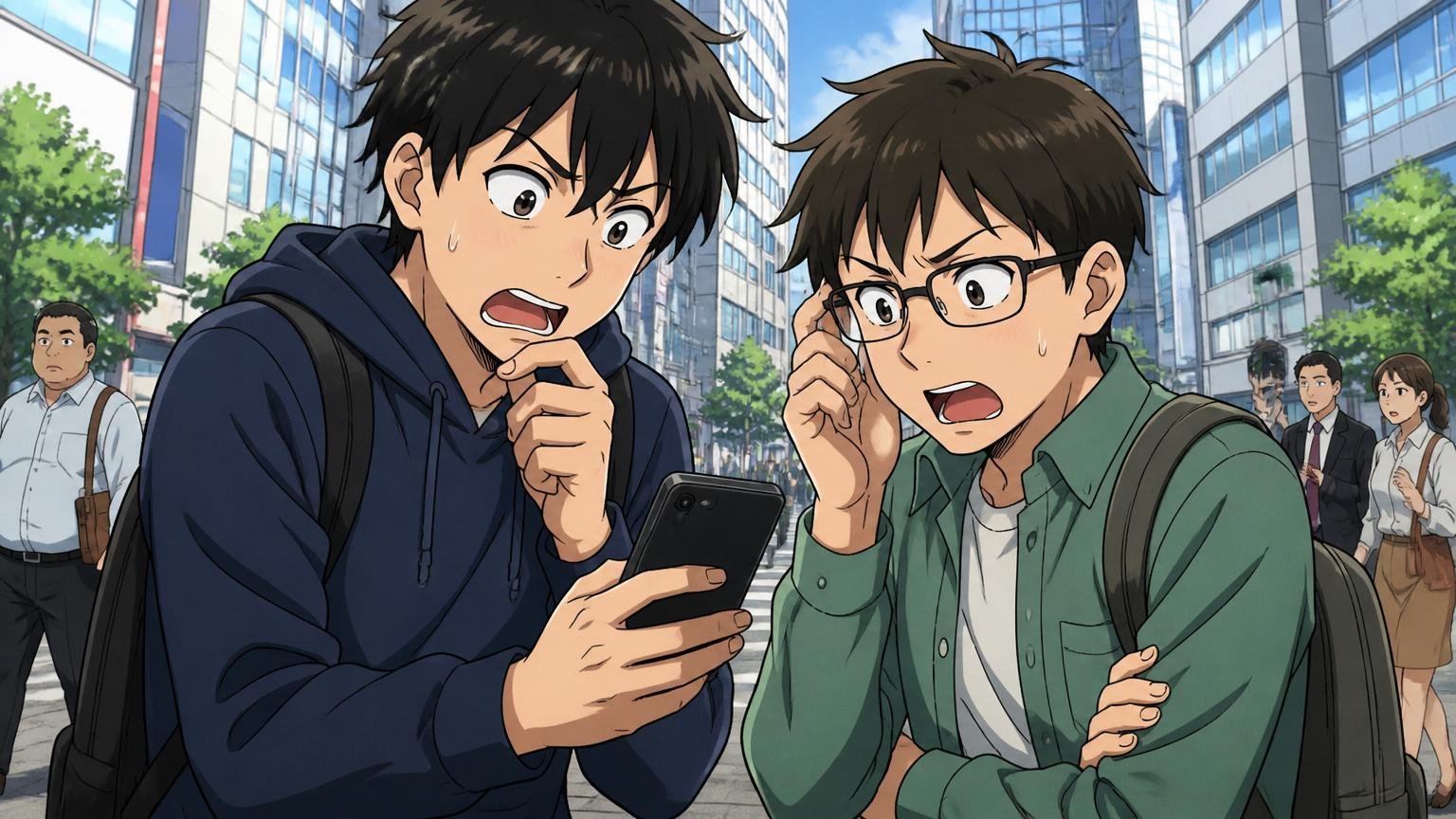 渋谷のオフィス街でスマホを見ながら会話する20代エンジニア2人、表情は驚きと困惑