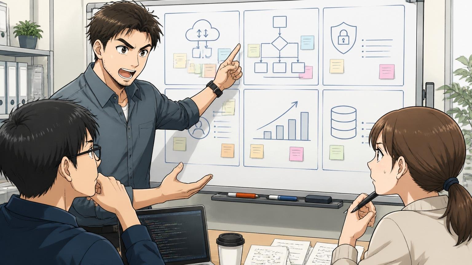 オフィスのホワイトボード前で6つの論点を整理する30代エンジニアと若手2人が真剣な顔