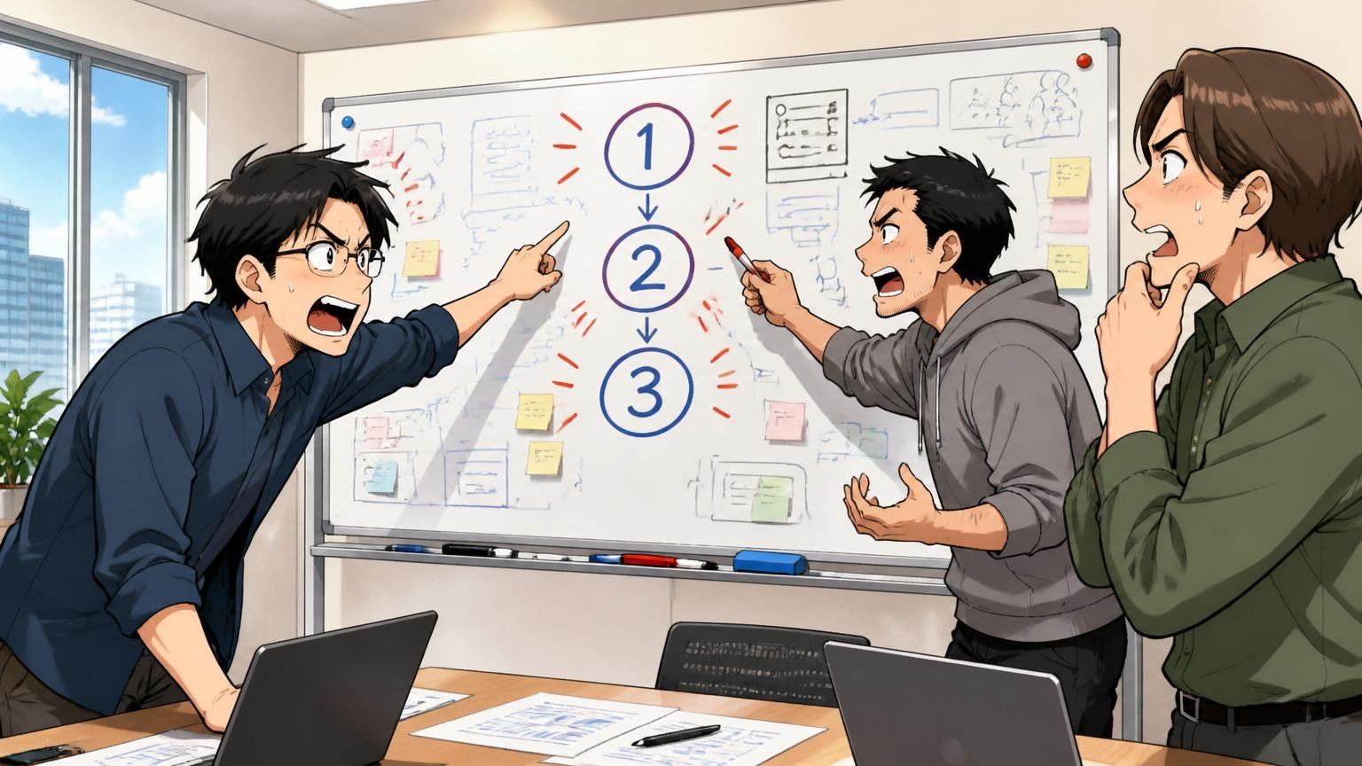 結論を3つに集約するシーン|上場SIerのオフィス会議室|エンジニア3人がホワイトボードを指さして真剣に議論