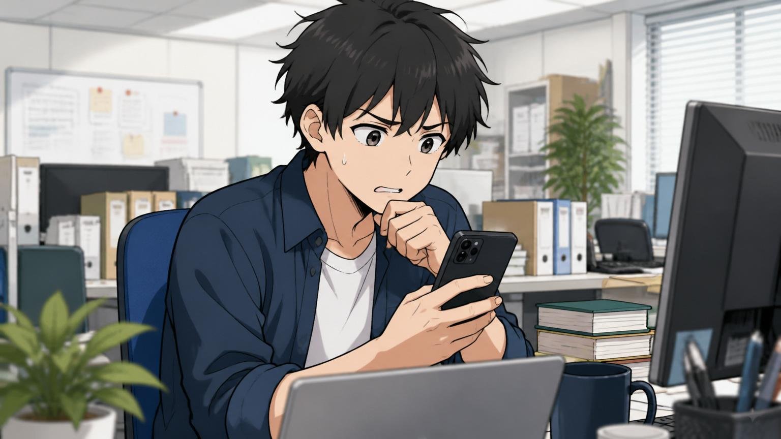 企業のオフィスでスマホを見ながら不安そうな表情を浮かべる若手エンジニアの男性1人