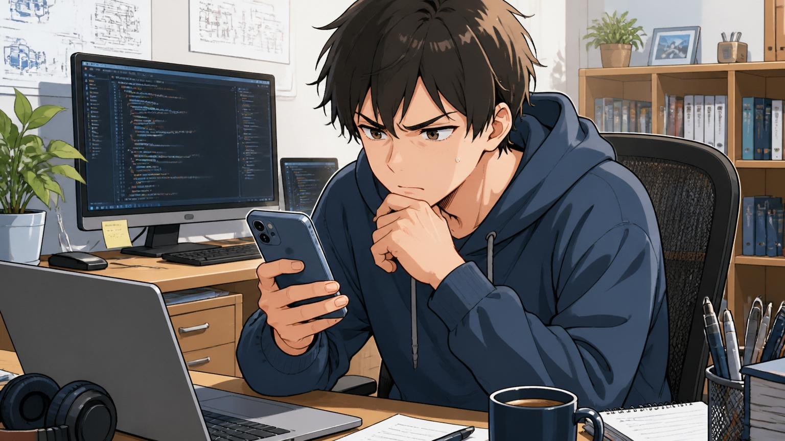 スマホで検索結果を眺める20代エンジニアが眉をひそめている自宅のデスクの様子