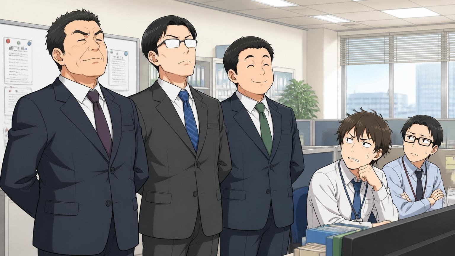 ユーザー系SIerのオフィスで親会社からの出向と思しきスーツ姿の社員が3人並び、別ブースのプロパー社員2人が複雑な表情で見ている
