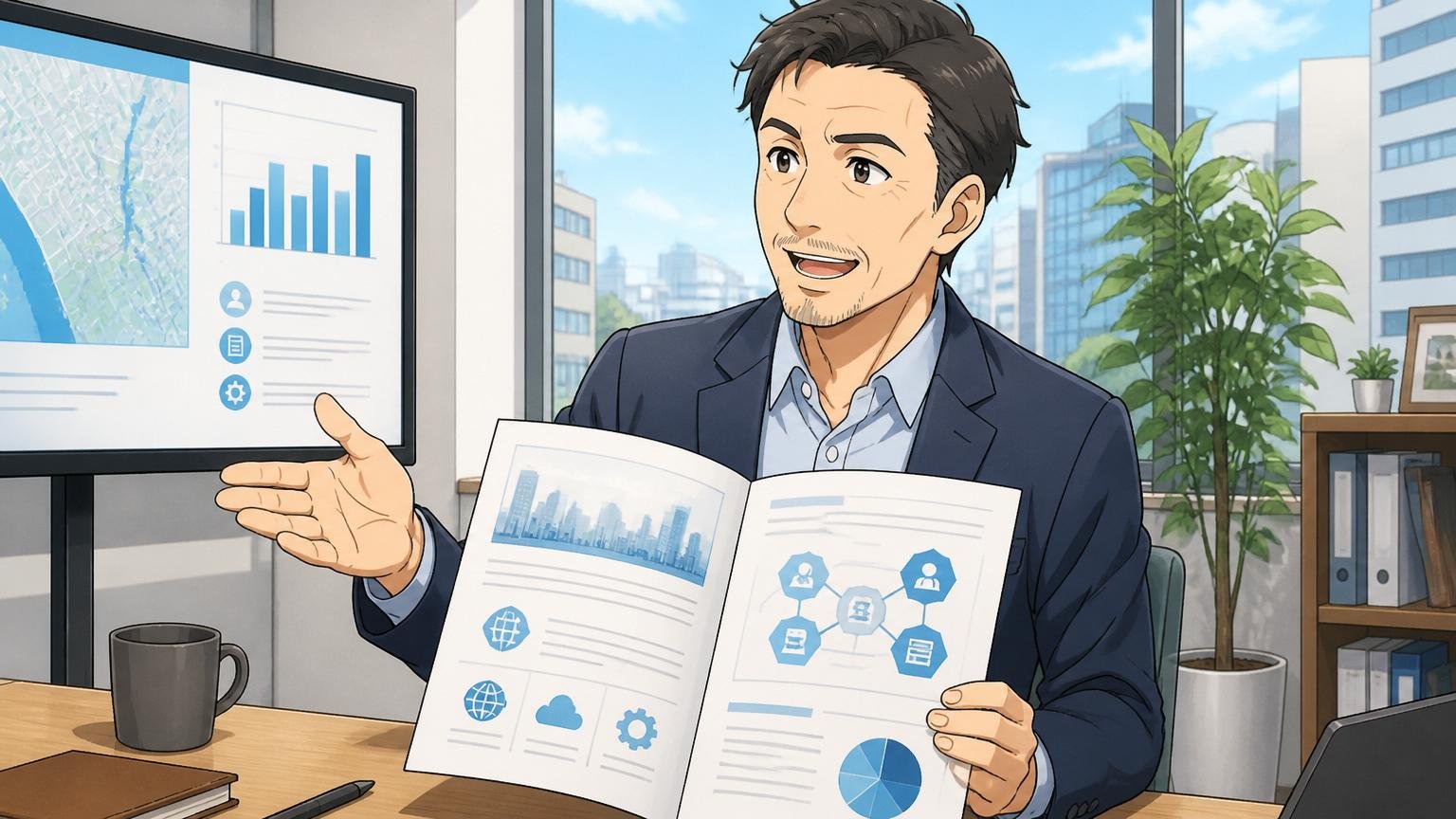 CLINKSの会社概要を解説。東京中央区八丁堀のITサービス企業のオフィスで、ベテラン社員1人が会社資料を見ながら説明する穏やかな表情