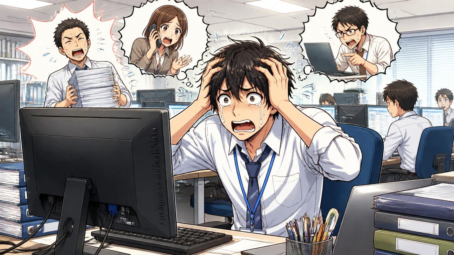 「やばい」と感じる人の3タイプ。SIerのオフィスで悩む若手エンジニア1人がモニター前で頭を抱える