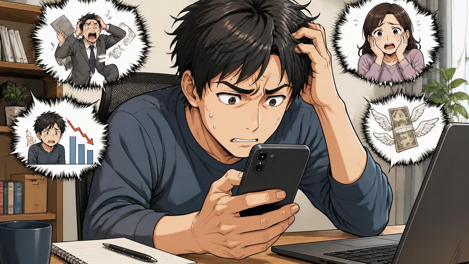 「やばい」と検索する人の本音 自宅のデスクで在宅勤務 30代男性1人 スマホを握りしめ眉をひそめる
