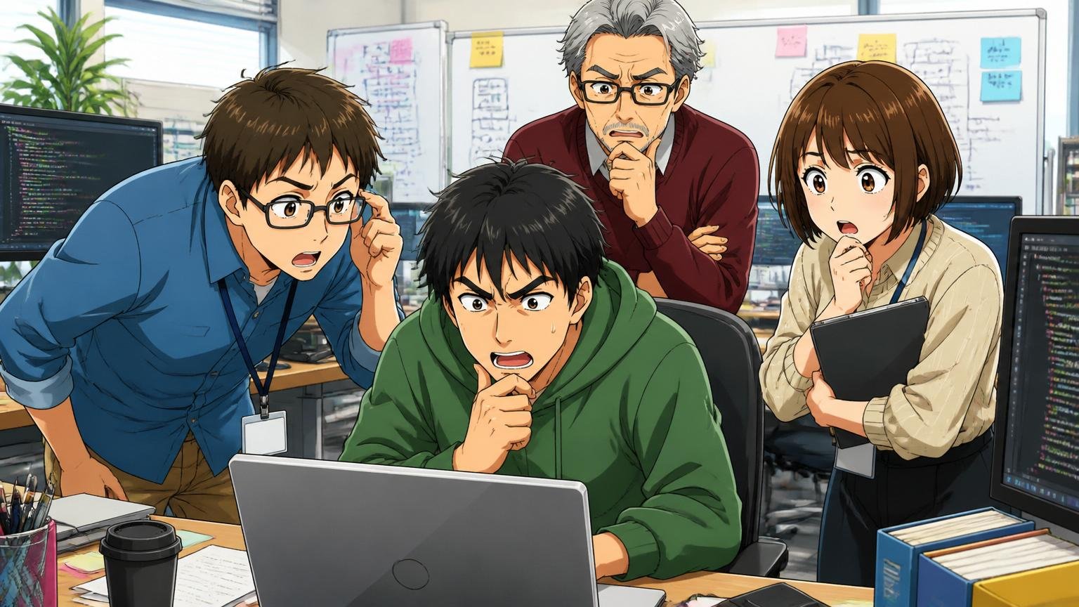 Web系オフィスのデスクで4人の年代の異なるエンジニアが画面を見ながら考え込む様子