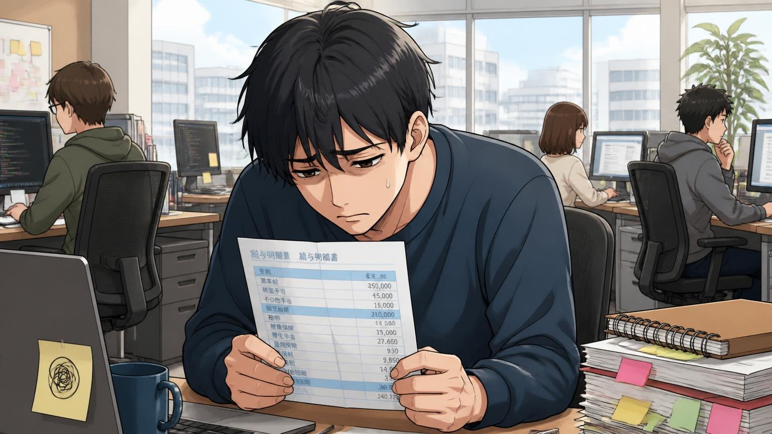 メンバーズの年収に悩むエンジニア。Web系企業のオフィスで給与明細を見つめる男性1人、肩を落とす表情