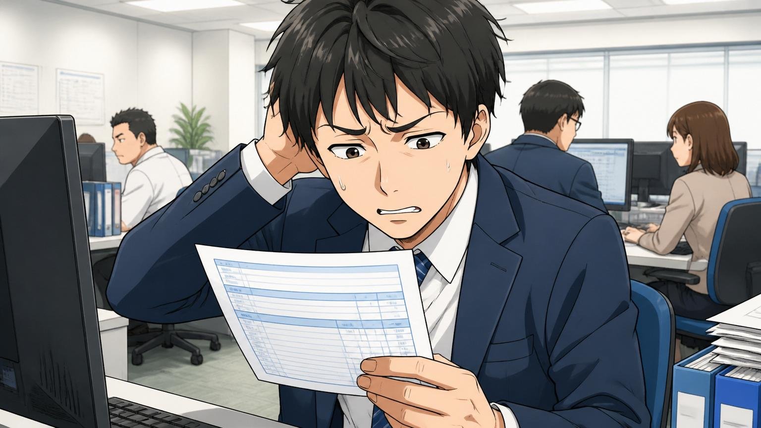 三井情報の若手社員が給与明細を見て困惑/SIerのオフィス/20代男性1人/眉をひそめて画面を見つめる