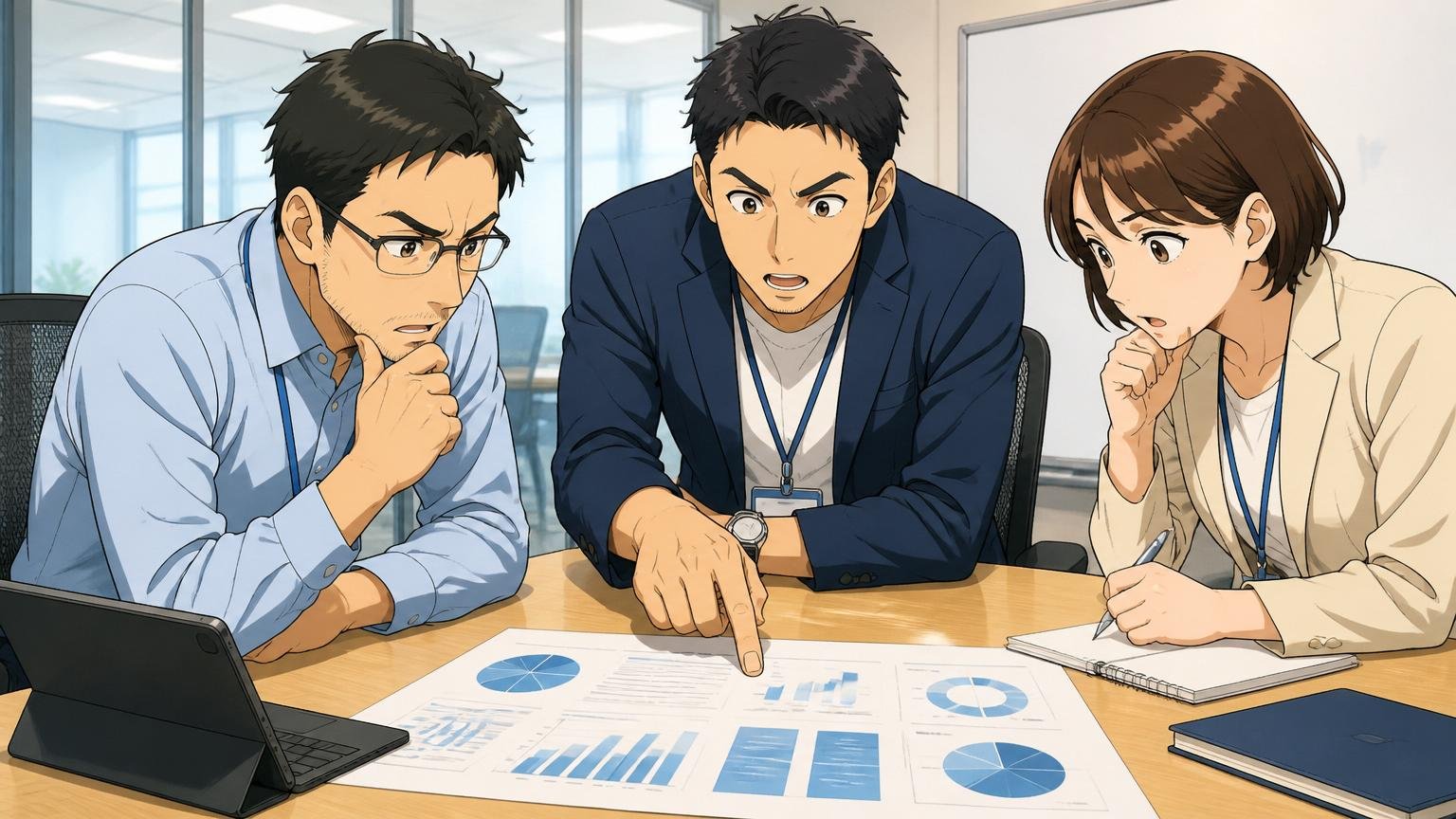 IJDSは日本IBMの100%子会社で2020年に誕生した／日本IBM本社オフィスの会議室／中堅エンジニア3人／会社概要の資料を真剣に確認