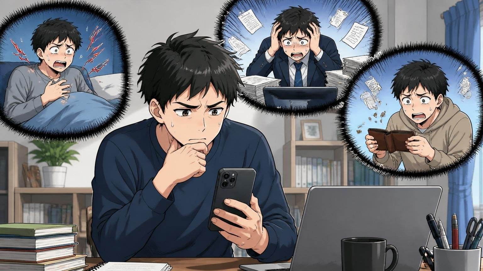 「やばい」と検索する3つの不安。自宅のデスクで在宅勤務、スマホ片手に悩む20代男性1人、眉をひそめる