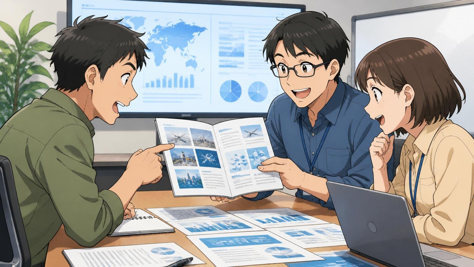 ANAシステムズの会社概要を確認するシーン。企業のオフィスの会議室で、3人のエンジニアが資料を見ながら話し合う
