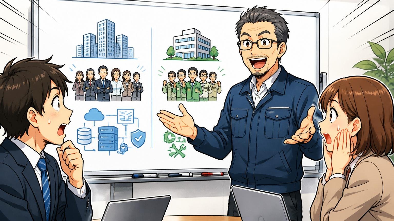 CTC本体と子会社CTCシステムマネジメントの違いを企業の会議室で説明する場面、登場人物は3人、説明するベテランエンジニアと驚く若手2人