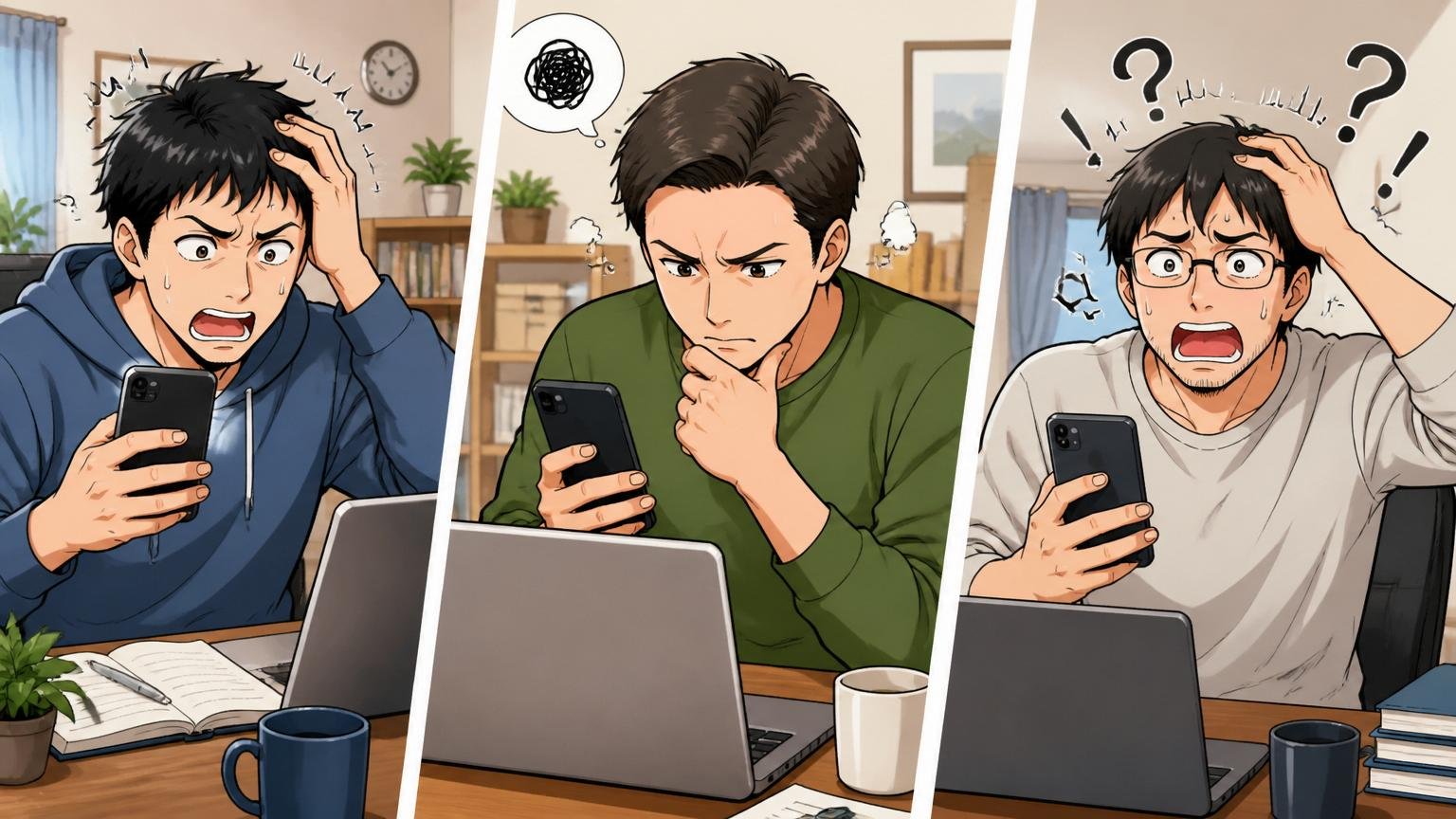 検索者の3パターン｜自宅デスクで転職検討する男性3人がスマホとPCで悩む様子