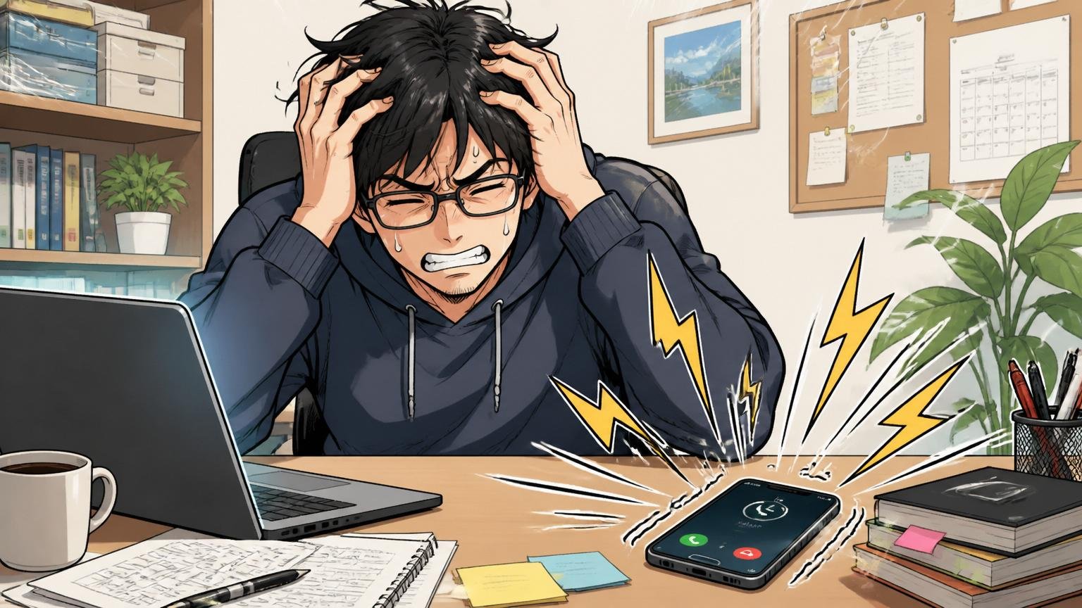 自宅のデスクで在宅勤務中の30代男性エンジニアが、鳴り続けるスマホを前にしかめっ面で頭を抱えている