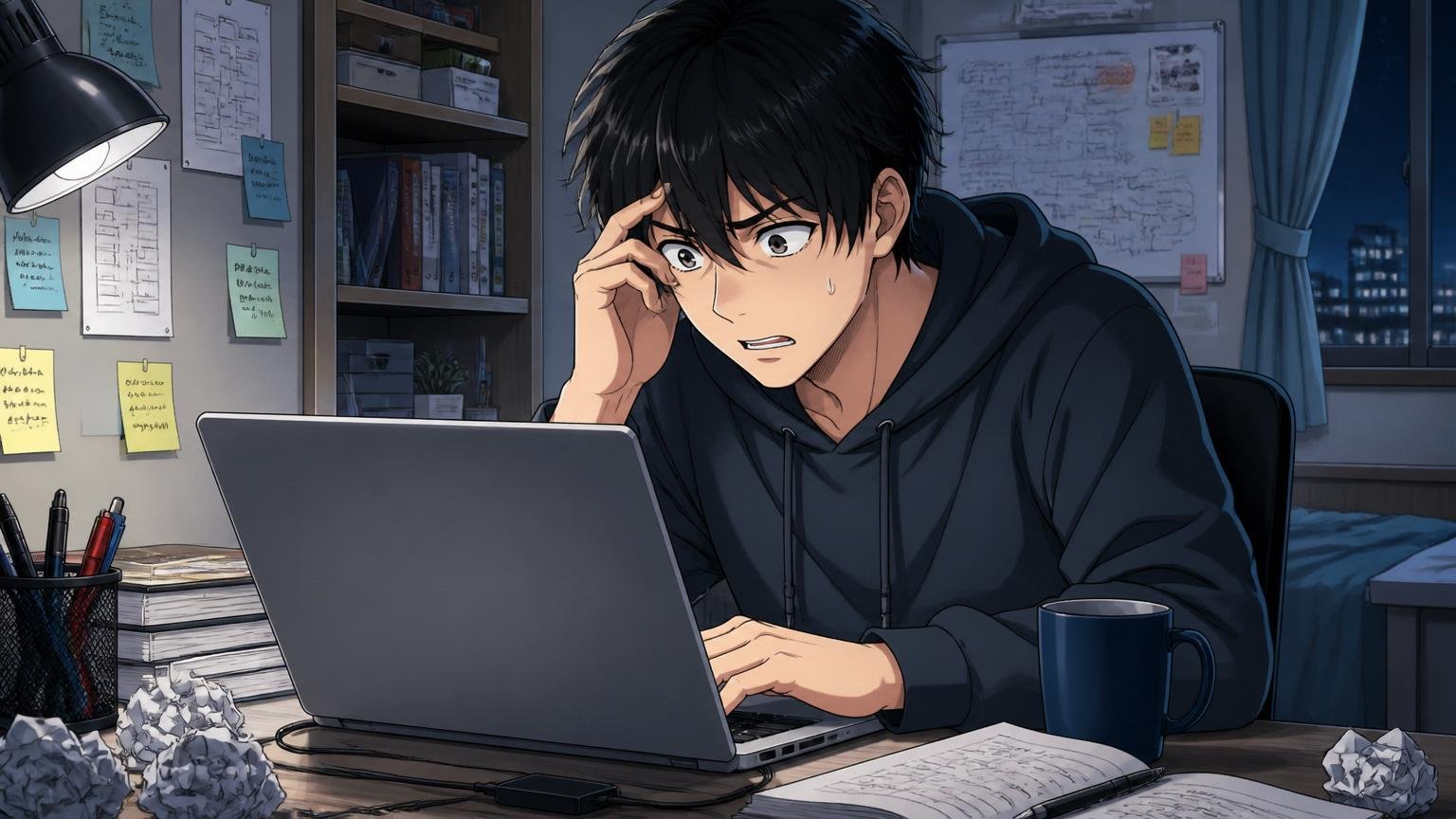 深夜の自室でノートPCに向かい不安げな表情で検索画面を見つめる若手ITエンジニア1人