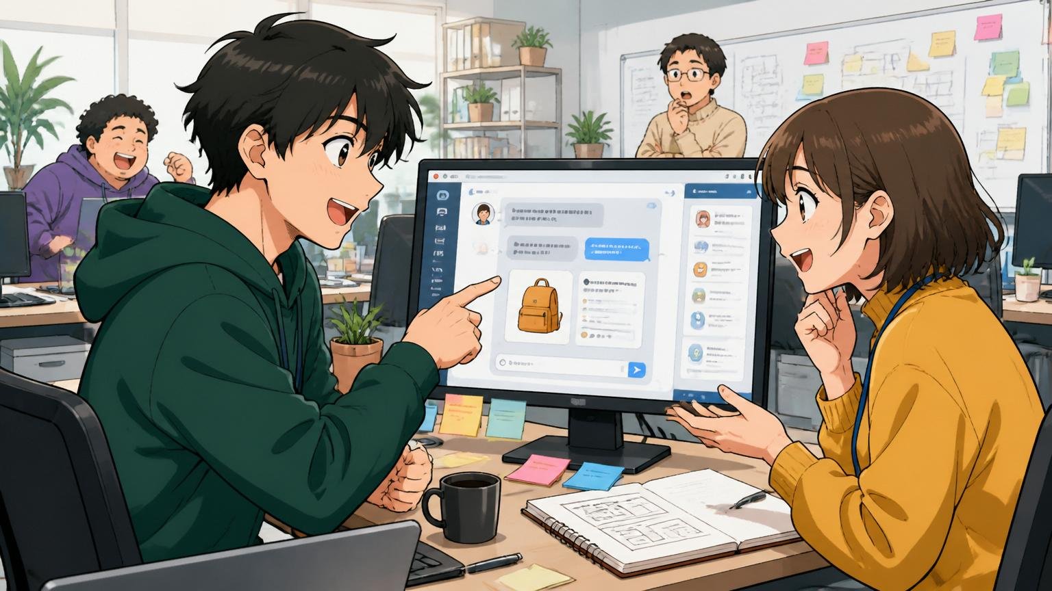 Web系スタートアップのオフィスでチャットコマースAIの画面を見せながら議論する20代男女2人のエンジニア