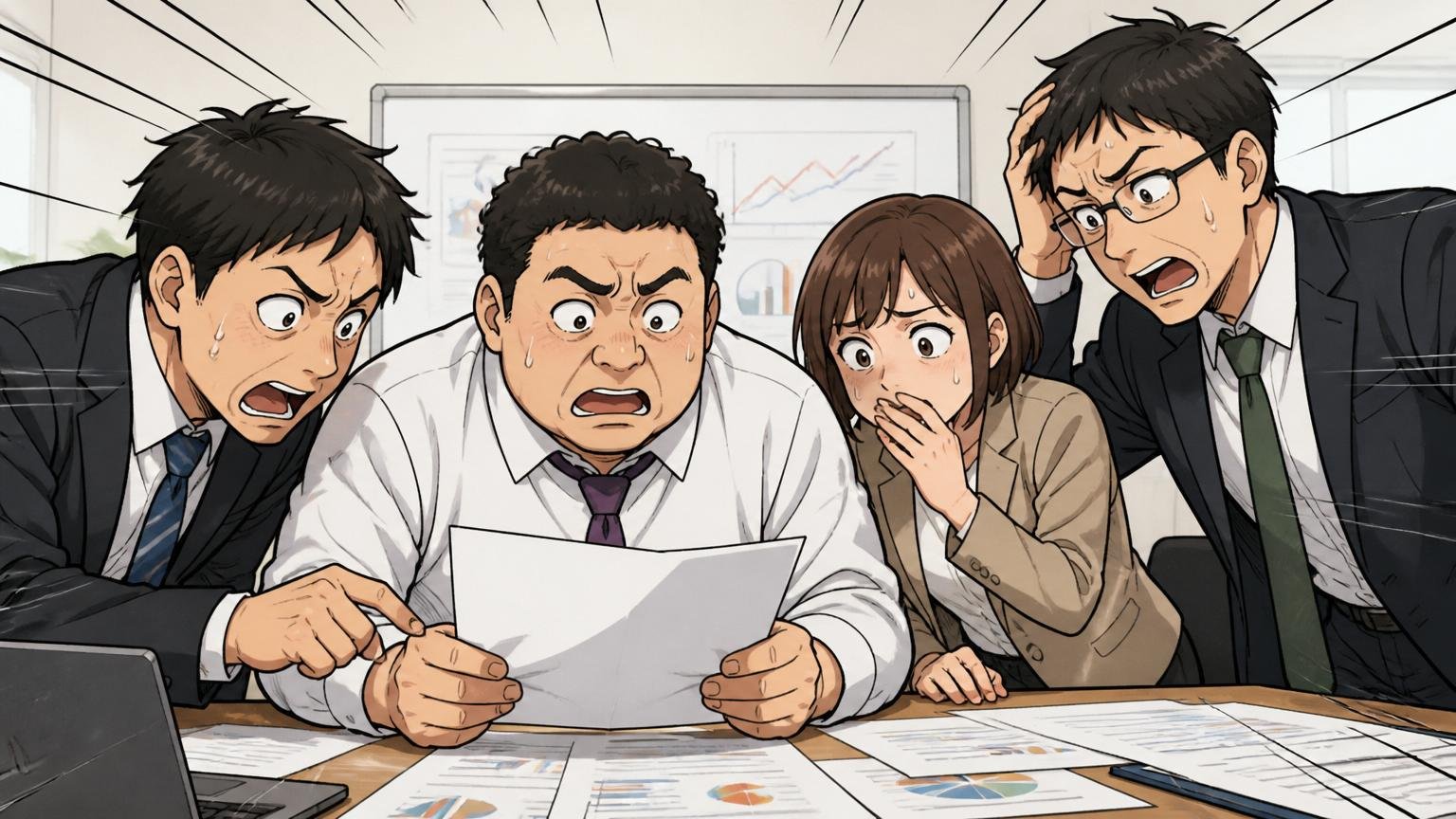 「やばい」と検索される直近のトリガー。企業の会議室で社員4人が深刻な表情で資料を見る