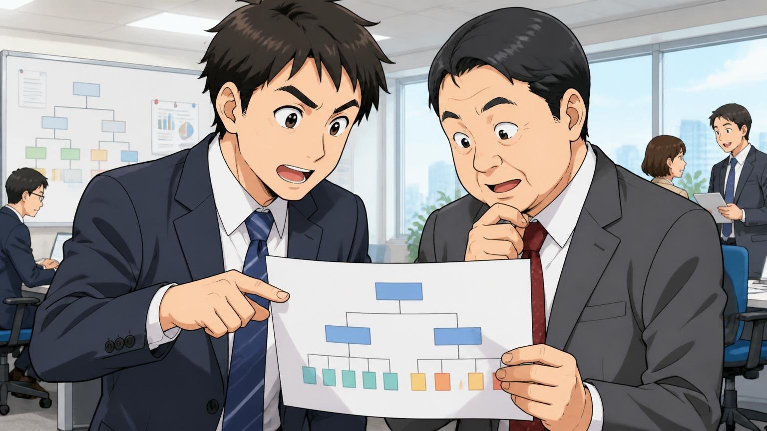 親会社日立システムズとの関係を語る東京本社のオフィスでスーツの男性社員2名が組織図を見比べる