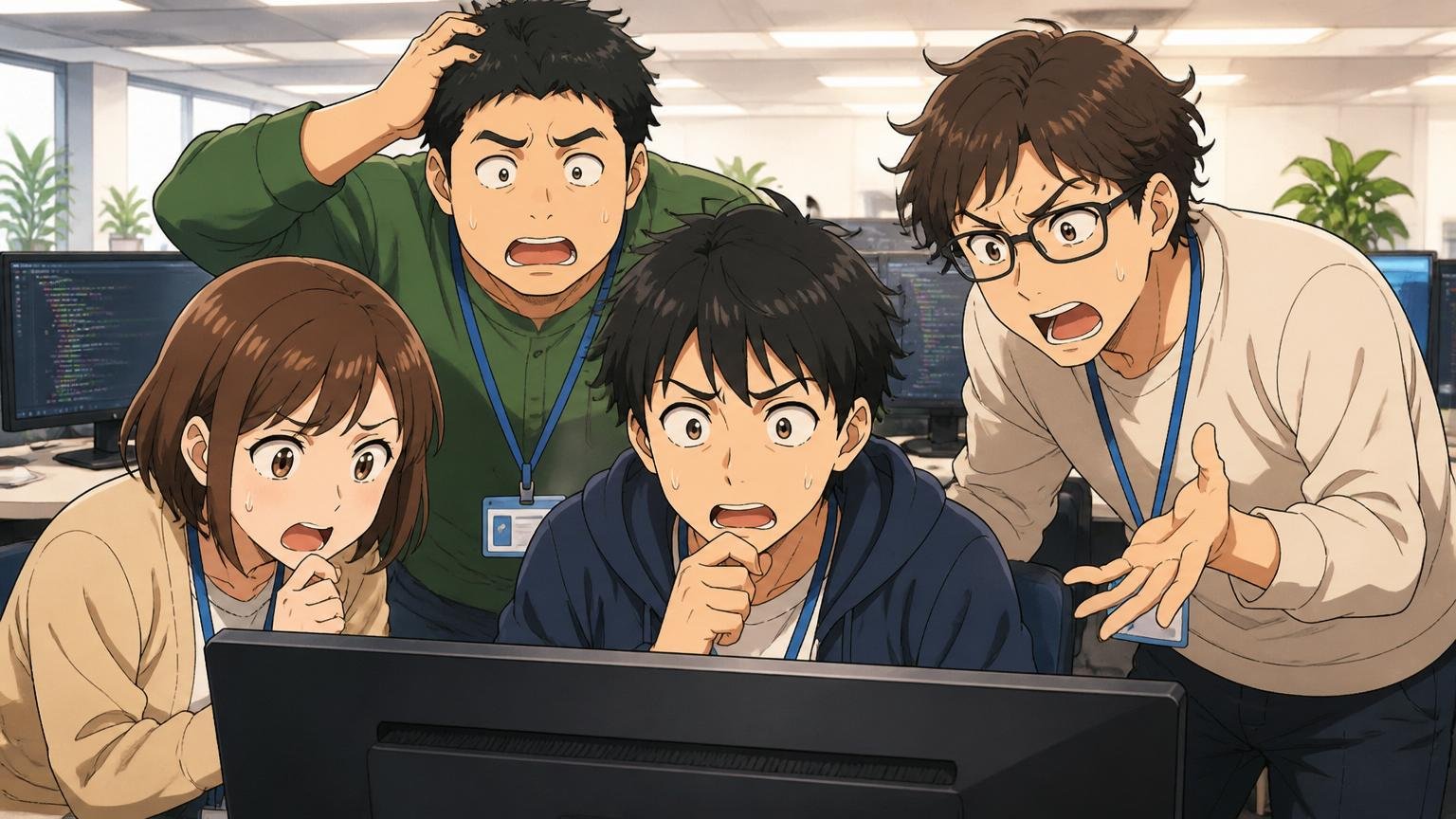 Web系メガベンチャーのオフィスで4人のエンジニアが画面を覗き込みながら困惑した表情で議論している場面