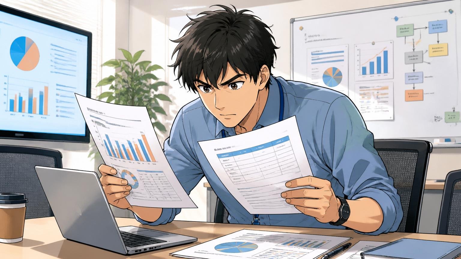 企業の会議室でノートPCを開き会社情報を確認する30代エンジニアが資料を真剣に見比べる