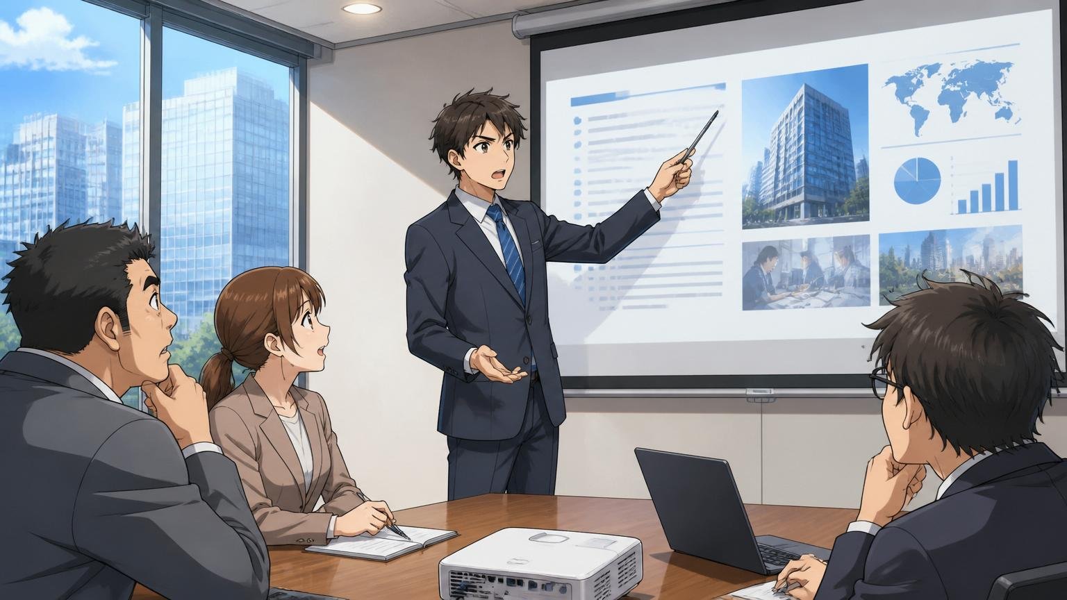 会社の基礎情報を1分で。丸の内のオフィス街の会議室で、男性社員1人がプロジェクターでディ・アイ・システムの会社概要スライドを真剣な表情で説明
