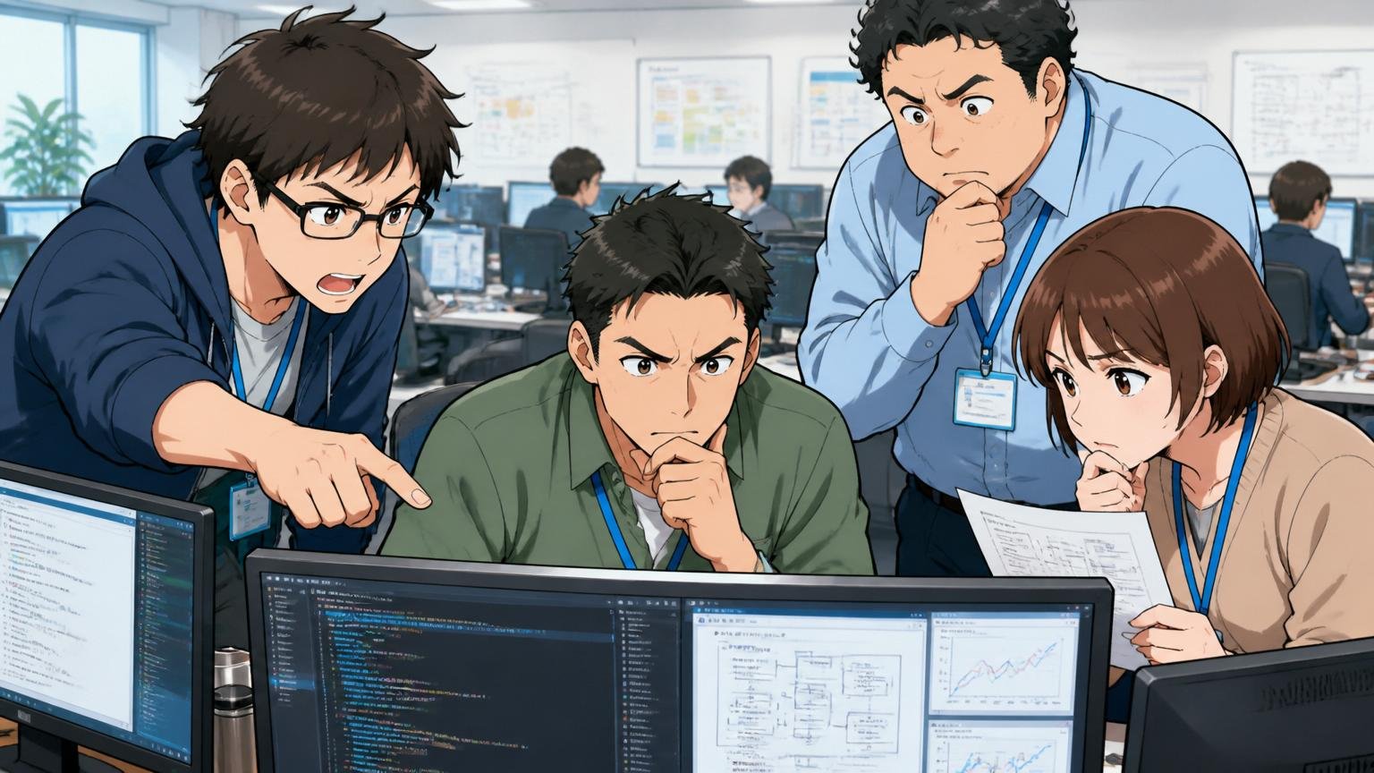 日本電気通信システム会社プロフィール。SIerの開発フロアで複数のエンジニアがディスプレイを囲み資料確認する真剣な表情
