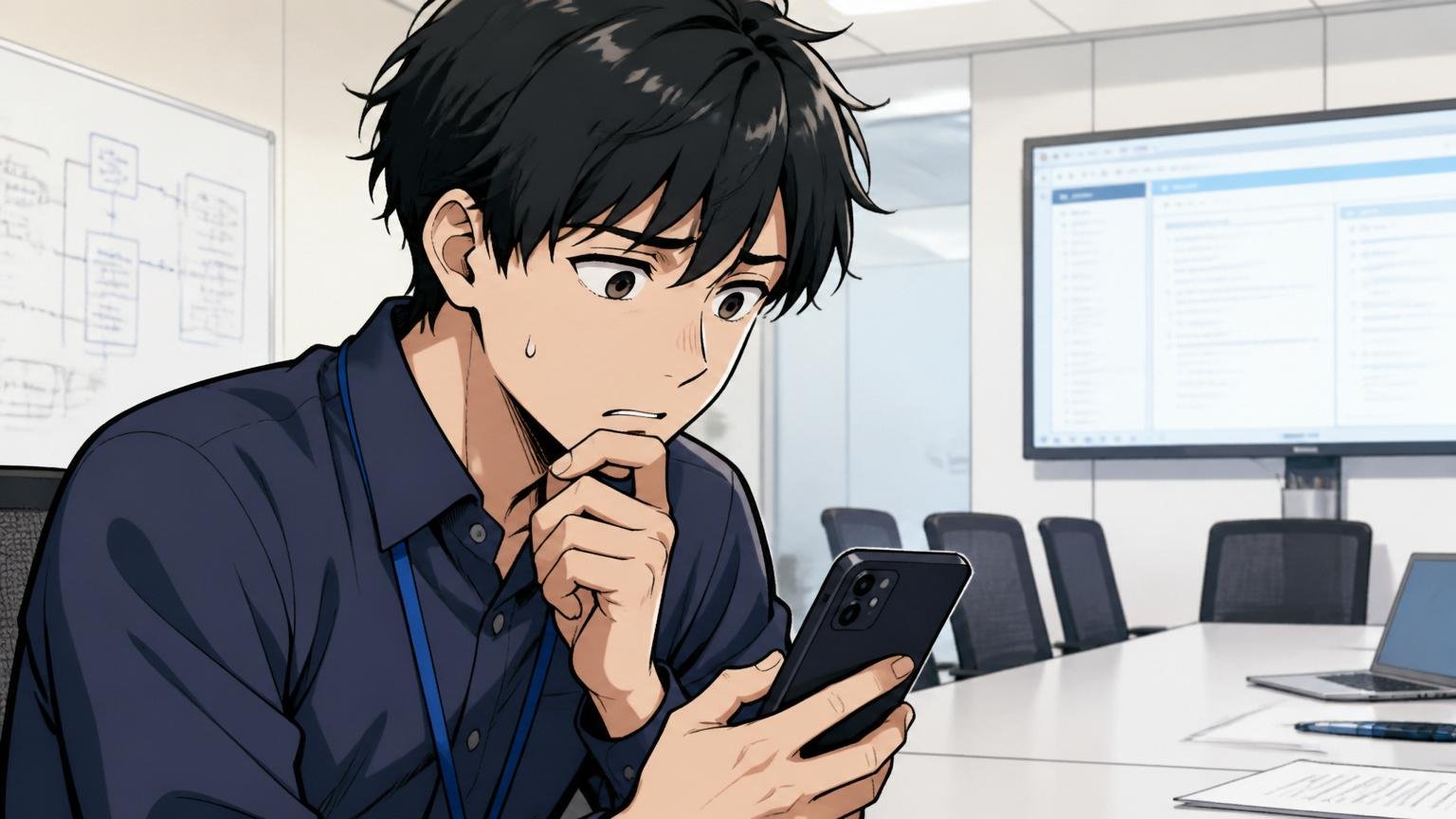 企業の評判をスマホで検索する若手エンジニア。SIerの会議室で、不安げな表情で画面を見つめる男性1人