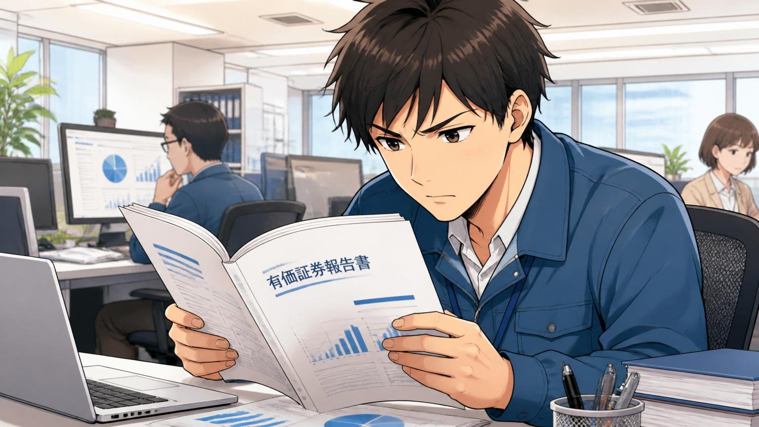アルプス技研の平均年収 オフィスのデスクで有価証券報告書を読むエンジニア1人 真剣な表情