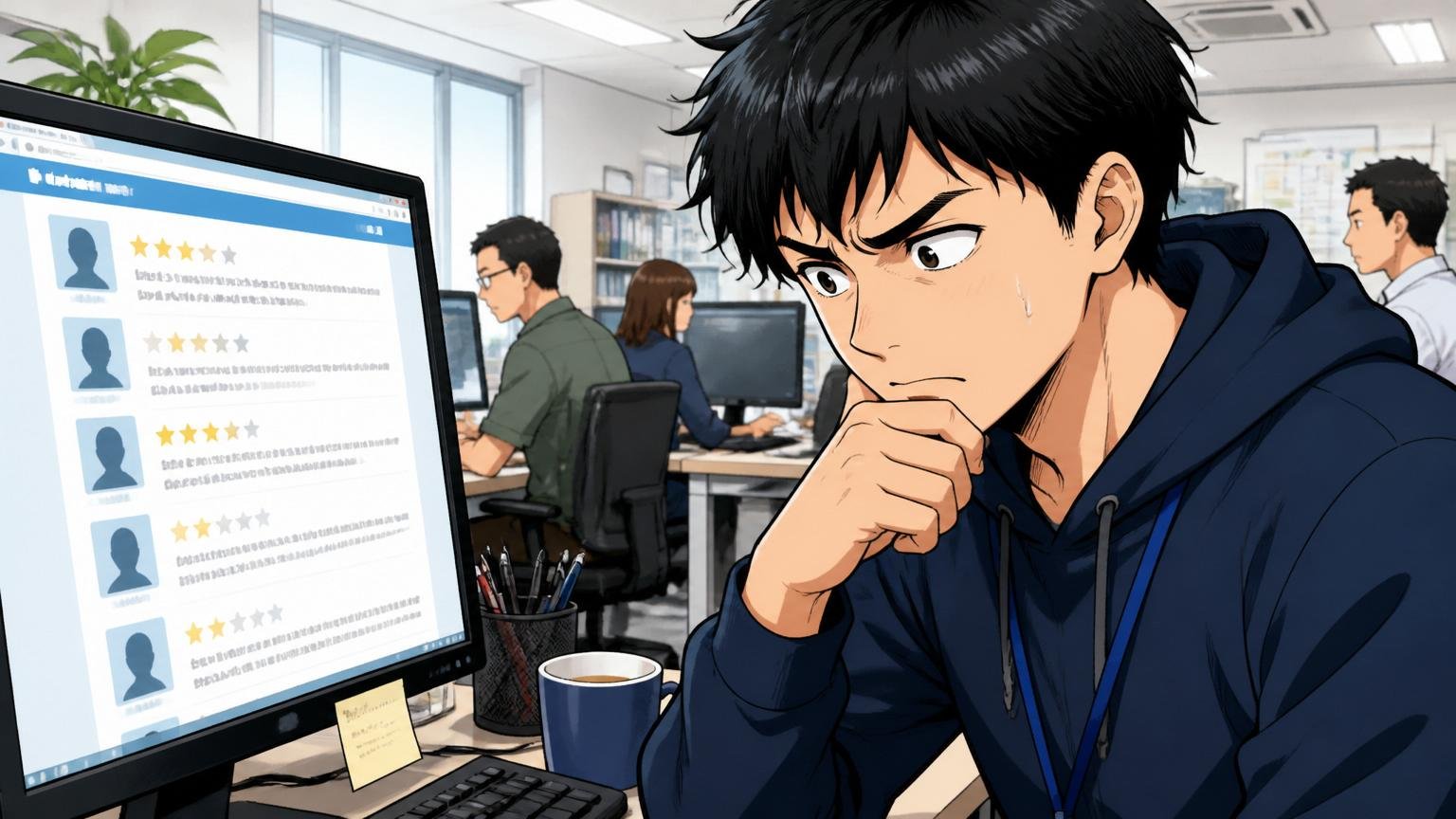 企業の口コミサイトを見るオフィスのITエンジニア1人が画面を見つめて複雑な表情