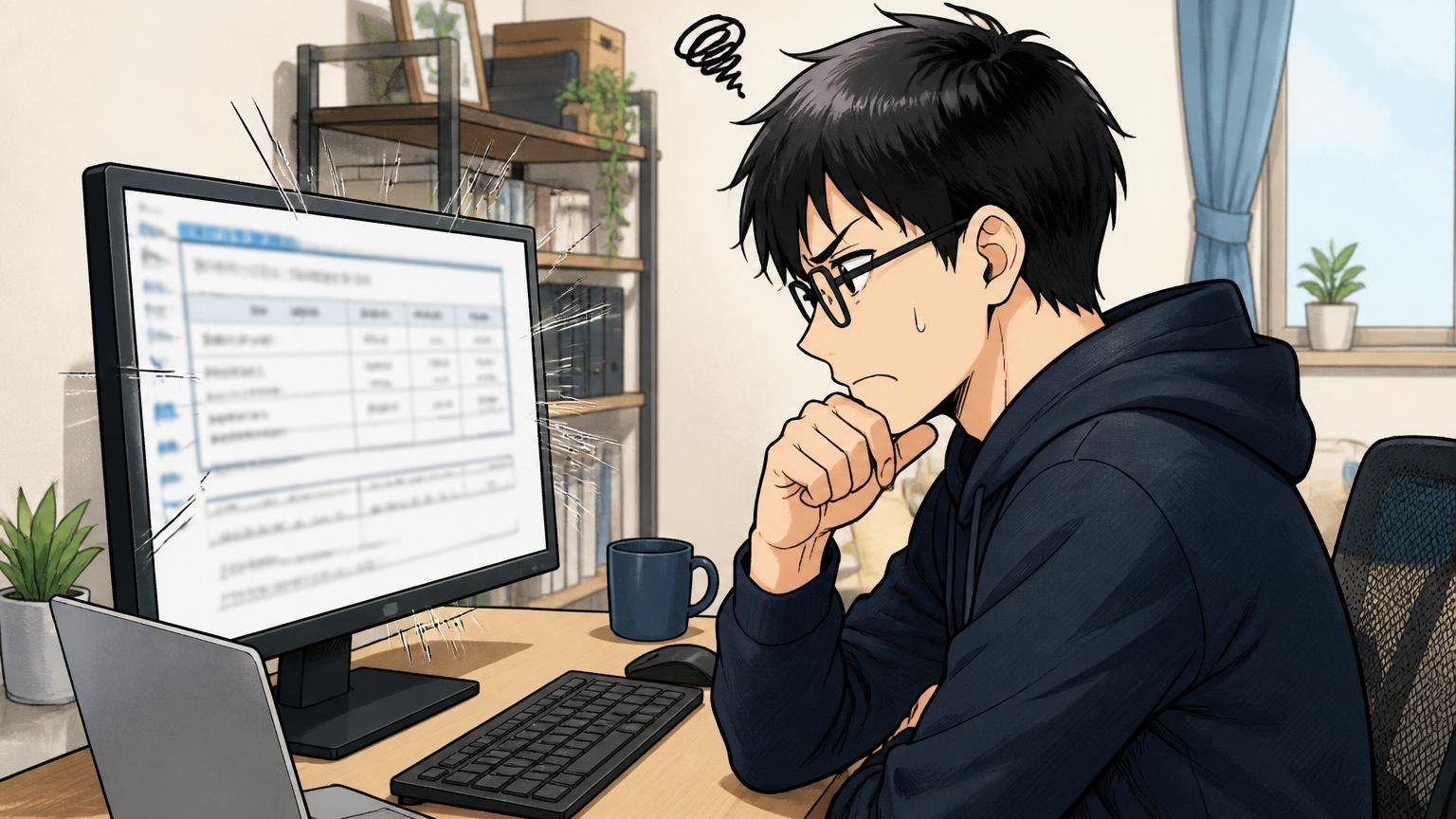 自宅のデスクで在宅勤務のエンジニアが1人、給与明細をPC画面で見て眉をひそめる横顔