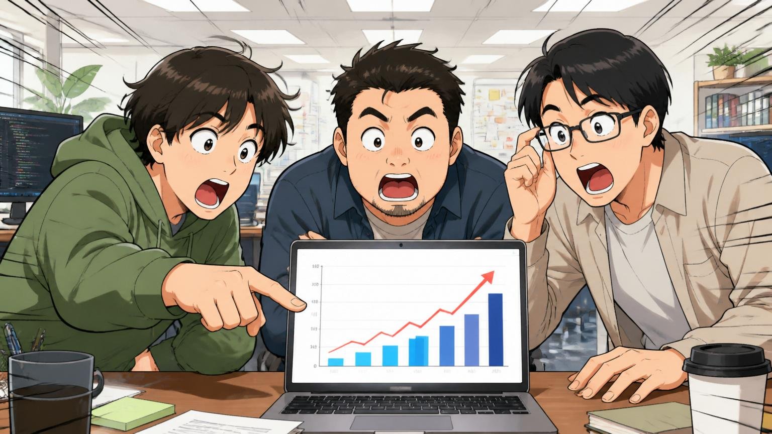 2023〜2025年の平均年収推移を確認する場面、SaaS企業のオフィスでエンジニア3人が給与データのグラフを見比べて驚く表情