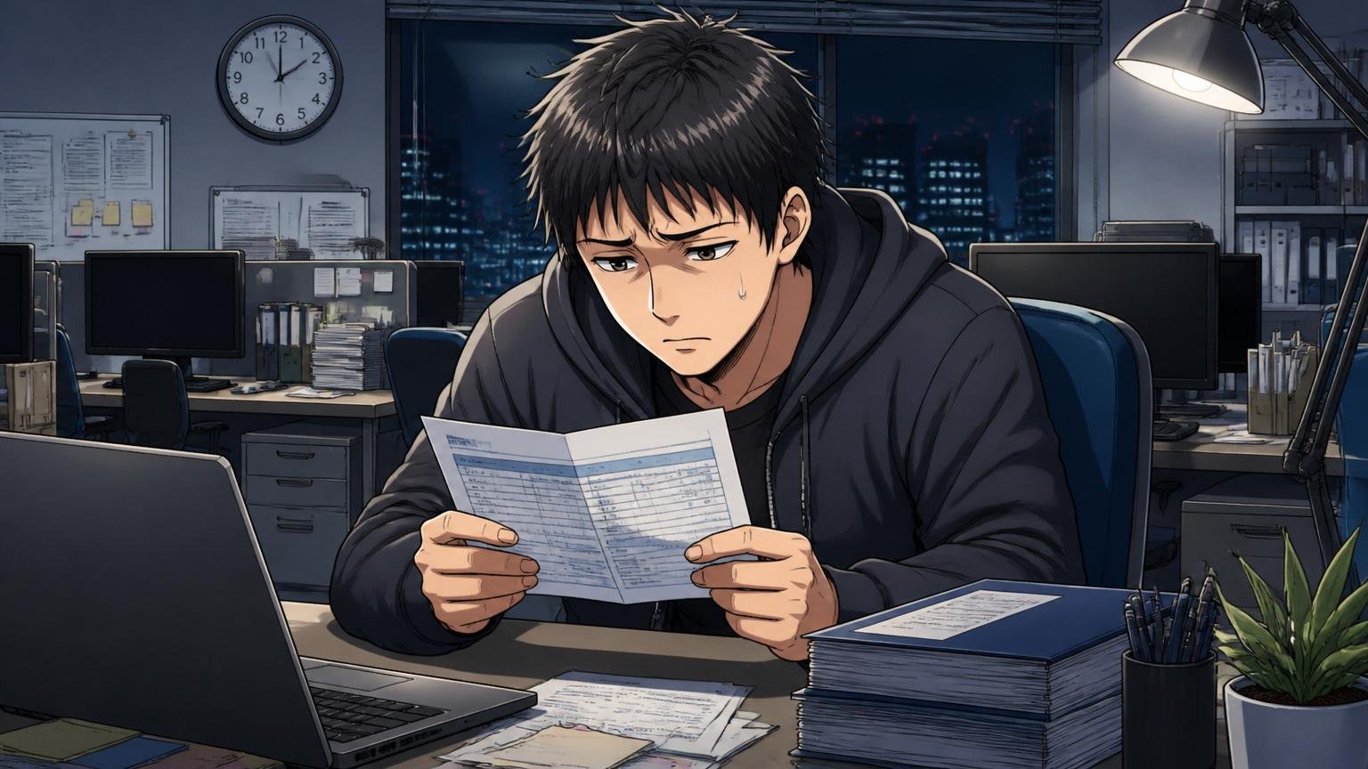 深夜のオフィスで一人パソコンに向かう30代男性エンジニアが落胆した表情で給与明細を見つめる場面