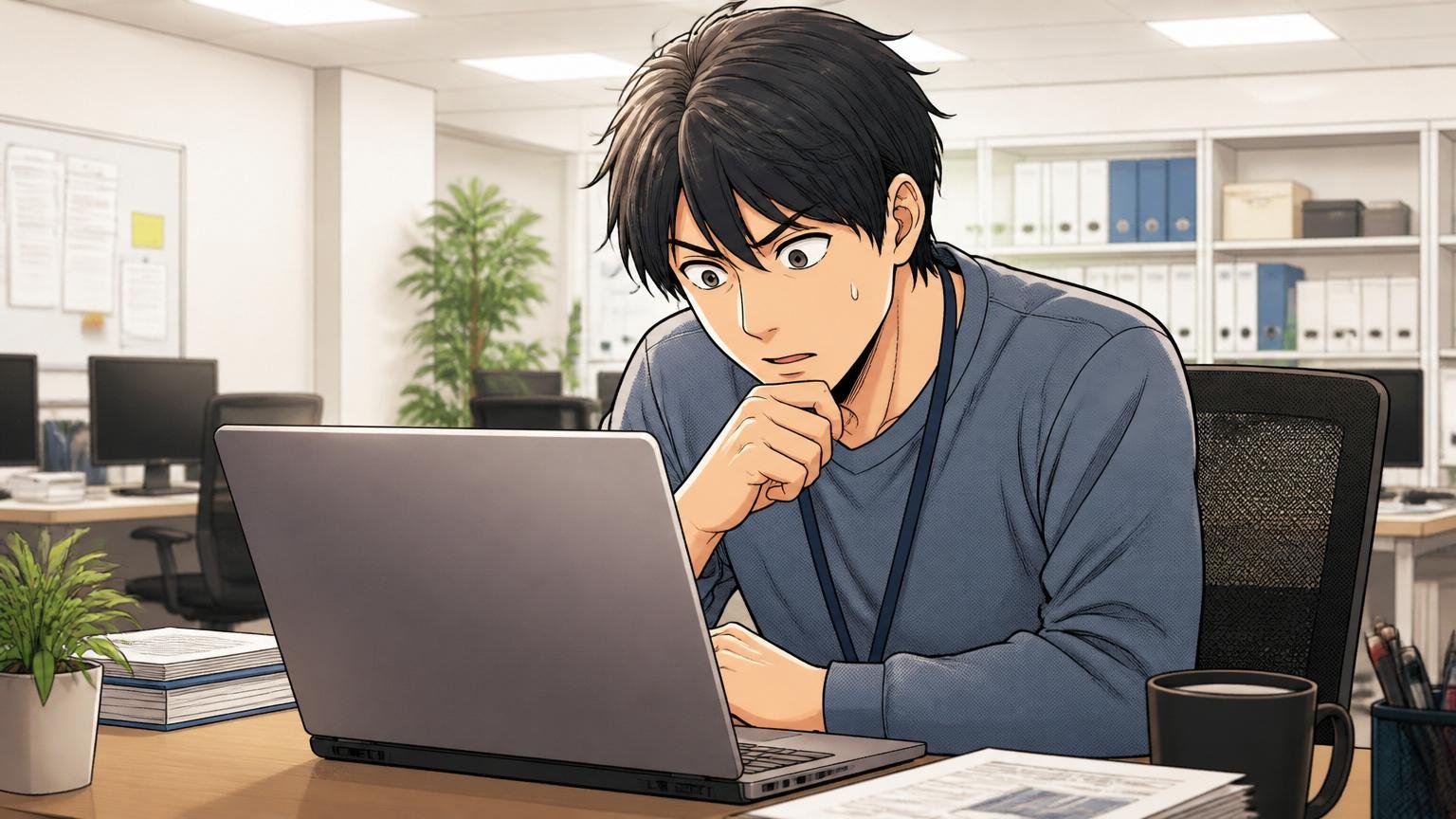有報の平均年収を確認するWeb系自社開発のオフィスでノートPCを見つめる中堅エンジニア1人
