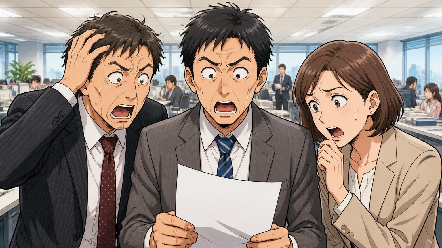 NTTドコモビジネス本社のオフィスフロアで、社名変更の通達を見つめる中堅社員3名、驚きと困惑の表情